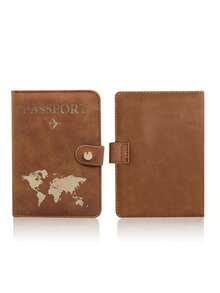 Minimalist Airplane Print Passport Wallet, Snap Button PU Faux Leather Passport Cover, Portable Travel Document Holder For Beach Vacation & School - Multicolor - View 12