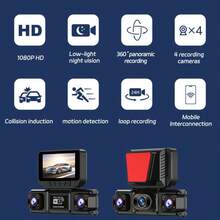 WiFi High Definition 4 Lens Panoramic Dash Cam, Low Light Night Vision, 360° Panoramic Recording, 4 Camera Recording, Collision Sensor, Equipped With 64GB Loop Recording, Phone Interconnection, Battery Capacity 150mAh - 4-channel Dash Cam - View 3