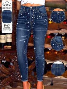 Heavy Embellished Rhinestone Fashion Versatile Washed Skinny Jeans Cropped Pants Casual Fall - Dark Wash - View 2