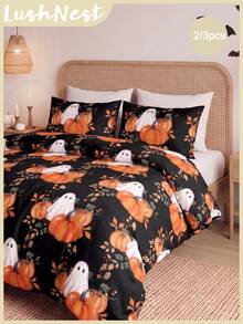 2pcs/3pcs Black Background Cute Ghosts Picking Pumpkins Halloween Style Digital Printed Bedspread Set (1 Duvet Cover + 1/2 Pillowcases Without Insert) Suitable For Daily Use, Made Of Polyester And Other Synthetic Fibers, Soft And Comfortable For Skin - Multicolor - View 1
