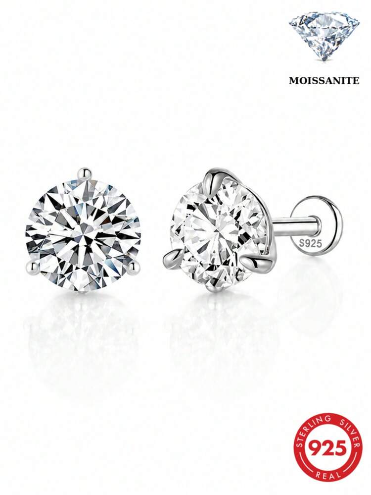 AnlaScheer 1件 0.03-0.5ct 莫桑石 925純銀光環平背軟骨耳釘耳環，女款訂婚婚禮新娘珠寶 - 銀色 - 查看 1