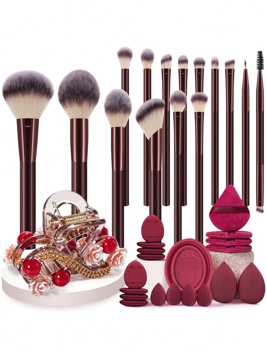 35 Pcs Wine Red Makeup Tool Set, 15 Soft Gradient Flat‑Top Makeup Brushes With 20 Matching Accessories, Contains Makeup Sponges, Powder Puffs, Eyelash Curler, Brush Cleaner And Decorative Pearl Flower Hair Clips For Daily Styling. - Multicolor - View 1
