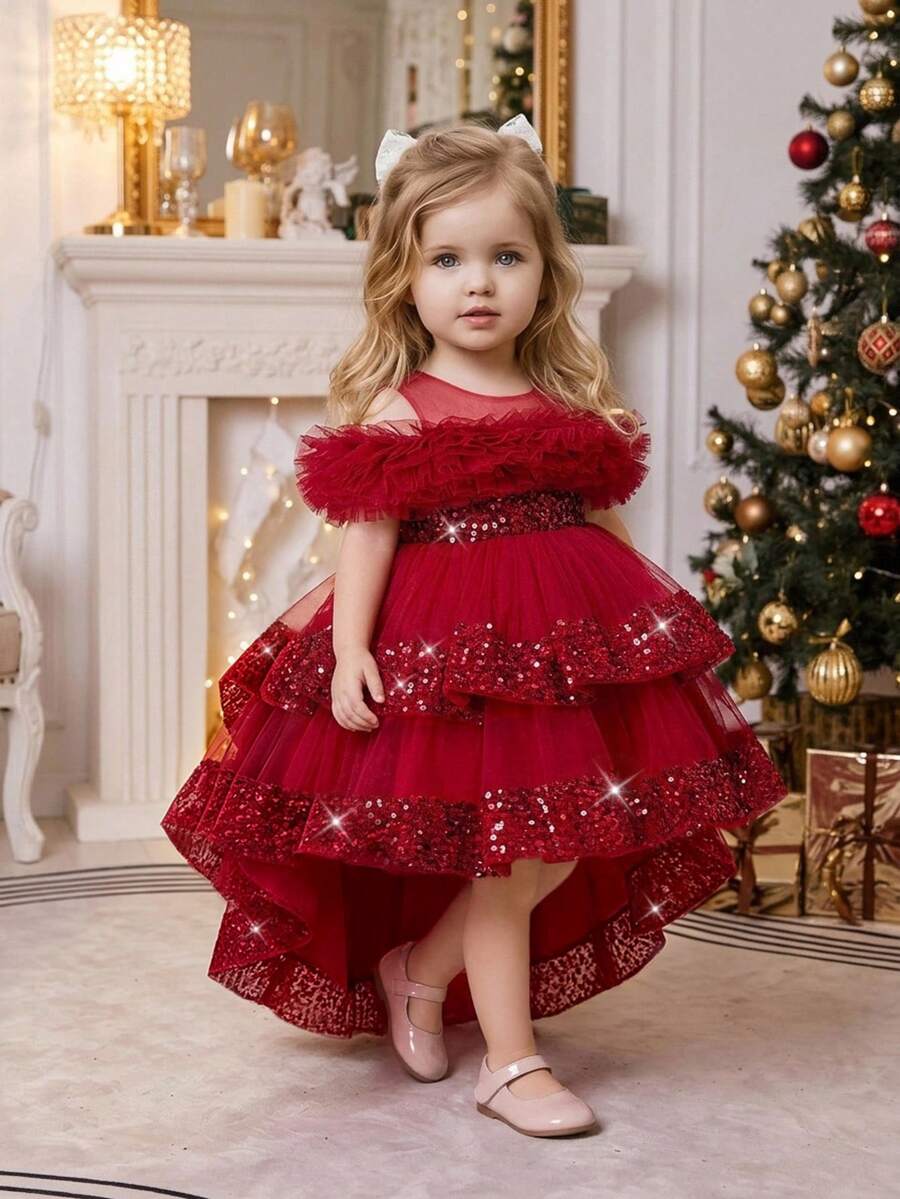 Baby Girls Sequin Tulle Cute Flower Girl Dress With Train, Suitable For Party, Birthday, Outing, Headband Not Included - Burgundy - View 1
