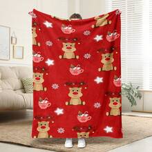Red Cartoon Rudolph Reindeer Flannel Blanket, Cute Red Nose Moose Hot Cocoa Cup Star Snowflake Print Soft Throw Blanket, Christmas Sofa Bed Decor Blanket, Holiday Home Gift - Multicolor - View 4