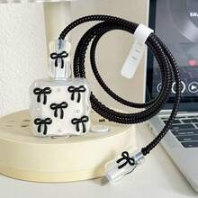 小黑色蝴蝶結與白色珍珠設計手機充電器套裝 20W/18W，充電線保護套，充電頭保護殼，相容 iPhone 13/16/15/14，絕佳禮物選擇 - 黑色 - 查看 3