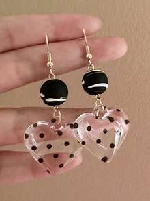 1 Pair Cool Polka Dot Transparent Heart Pendant Earrings, Black Round Top Decor, Women's Jewelry, Suitable For Party, Street Style And Daily Wear - Yellow Gold - View 4