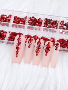 12-Grid Red Iridescent Resin Nail Art Rhinestones, Mixed Heart Butterfly Cat Eye Diamond Crystals In Multiple Sizes Flat Back Round, 3D Shiny Luxury Nail Decor, Suitable For Acrylic Nail Tips DIY Nail Art Decoration - Red - View 3