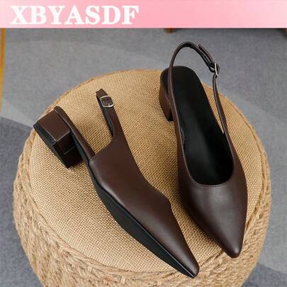 2026 New Women's Brown Pointed Toe Slingback Chunky Heel Pumps, Elegant Single …
