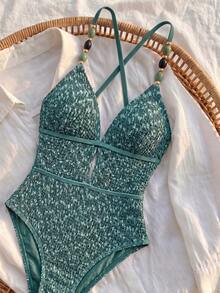 Bikinx Women's Deep V-Neck One-Piece Swimsuit, Beaded Shoulder Straps, Criss-Cross Back Tie Bikini, Suitable For Beach Vacation Summer - Dark Green - View 4