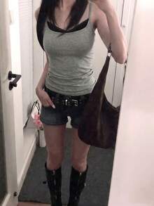 韓式蕾絲拼接細肩帶背心休閒夏季款 - 灰色 - 查看 7