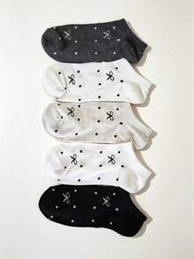 5 Pairs Random Bowknot Polka Dot Minimalist Invisible Boat Socks, Breathable Small Polka Dot Casual Women's Socks - Multicolor - View 6