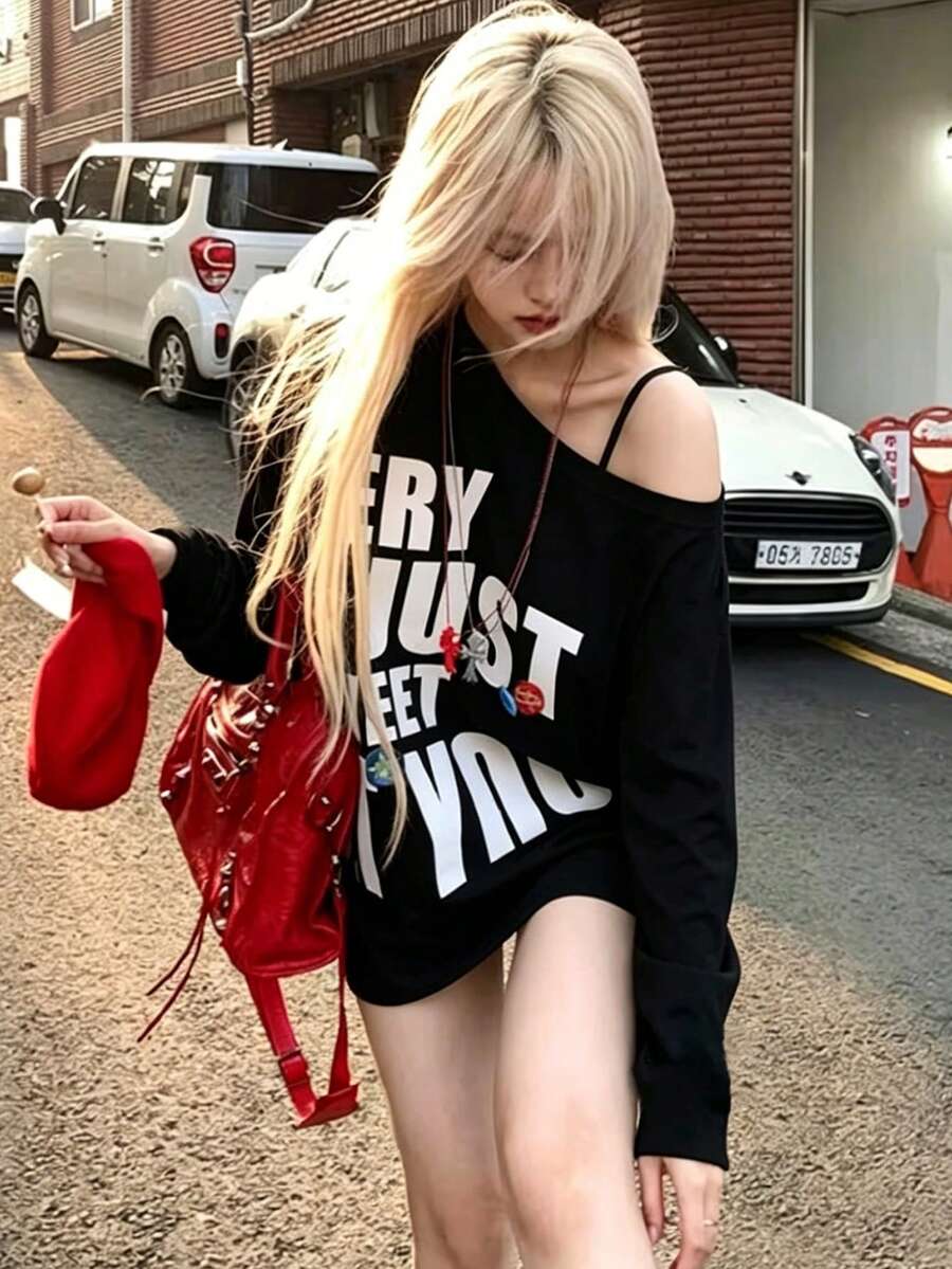 Women's Black Polyester Long Sleeve Cold Shoulder T-Shirt, Printed Slogan Graphic, High Elasticity Regular Hem Top, Casual Style - Black - View 1