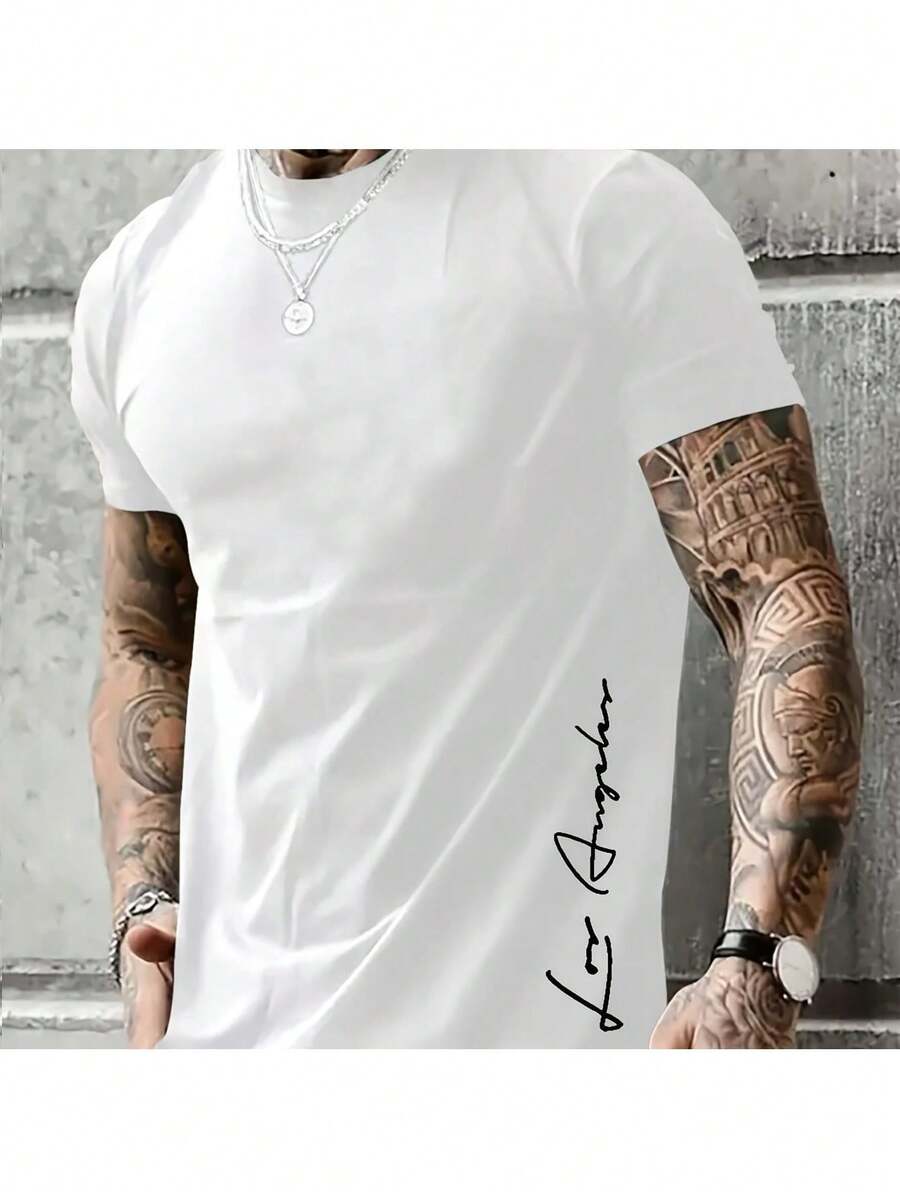 Men'S Creative Cursive Letter Pattern Print Shoulder T-Shirt - White - View 1