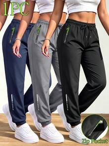 Women's Casual Tapered Long Pants For Spring And Autumn, With Drawstring And Zipper Pockets, Breathable Black - Black - View 1