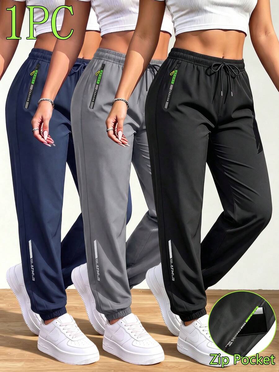 Women's Casual Tapered Long Pants For Spring And Autumn, With Drawstring And Zipper Pockets, Breathable Black - Black - View 1