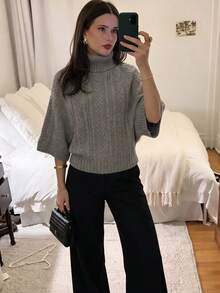 女款休閒秋冬純色灰色高領毛衣，插肩袖針織上衣，收腰紋理設計，日常通勤辦公穿搭套頭衫 - 灰色 - 查看 7