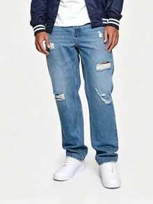 Men's Loose Straight Leg Distressed Denim Jeans With Pockets - Medium Wash - View 3
