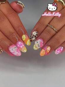 Sanrio Hello Kitty 24pcs Y2K Short Oval 3d Pointed Leopard French Press On Nails With Hello Kitty, Flower And Lemon Pattern Design,Gradient Design,Perfect Fit Acrylic False Nails Set, Including 1 Jelly Gule And 1 Nail File,For Girls Daily Party Use - Multicolor - View 2