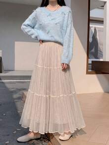 Women's Elegant Pleated A-Line Long Skirt, Vintage Woven Fabric, Slightly Elastic, Suitable For Spring And Autumn Wear - Apricot - View 5