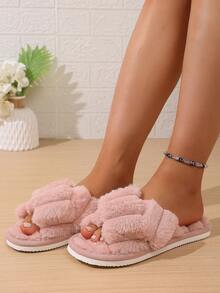 Women's Cross Strap Thick Furry Slippers, Comfortable Indoor Home Slippers, Open Toe Warm Slippers For Autumn Winter All Seasons, Gift For Girls - Pink - View 2