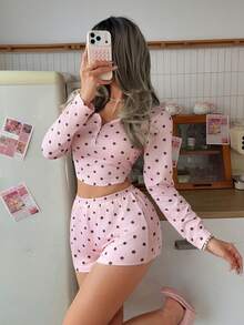 2件組女款圓領短版長袖上衣＋鬆緊腰短褲睡衣居家服套裝 - 粉色 - 查看 4