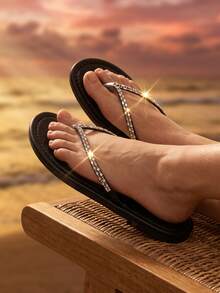 Summer Holiday Style Solid Color Round Toe Luxury Rhinestone Flip Flops, Slimming Fashion Versatile Elegant Comfortable For Vacation And Travel - Black - View 6