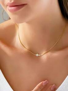 1pc Fashion Versatile Casual Minimalist Cross Necklace - Yellow Gold - View 1