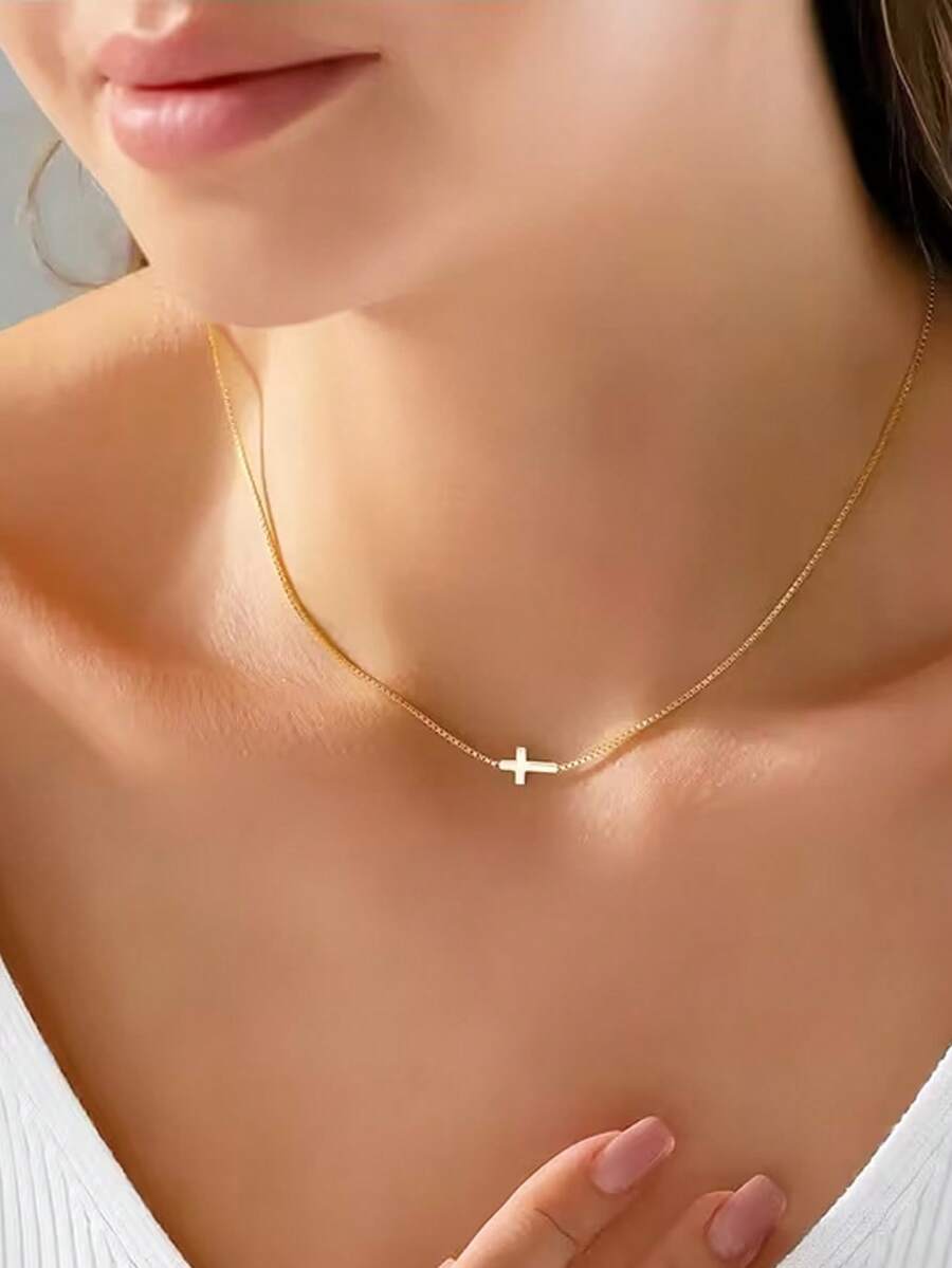 1pc Fashion Versatile Casual Minimalist Cross Necklace - Yellow Gold - View 1