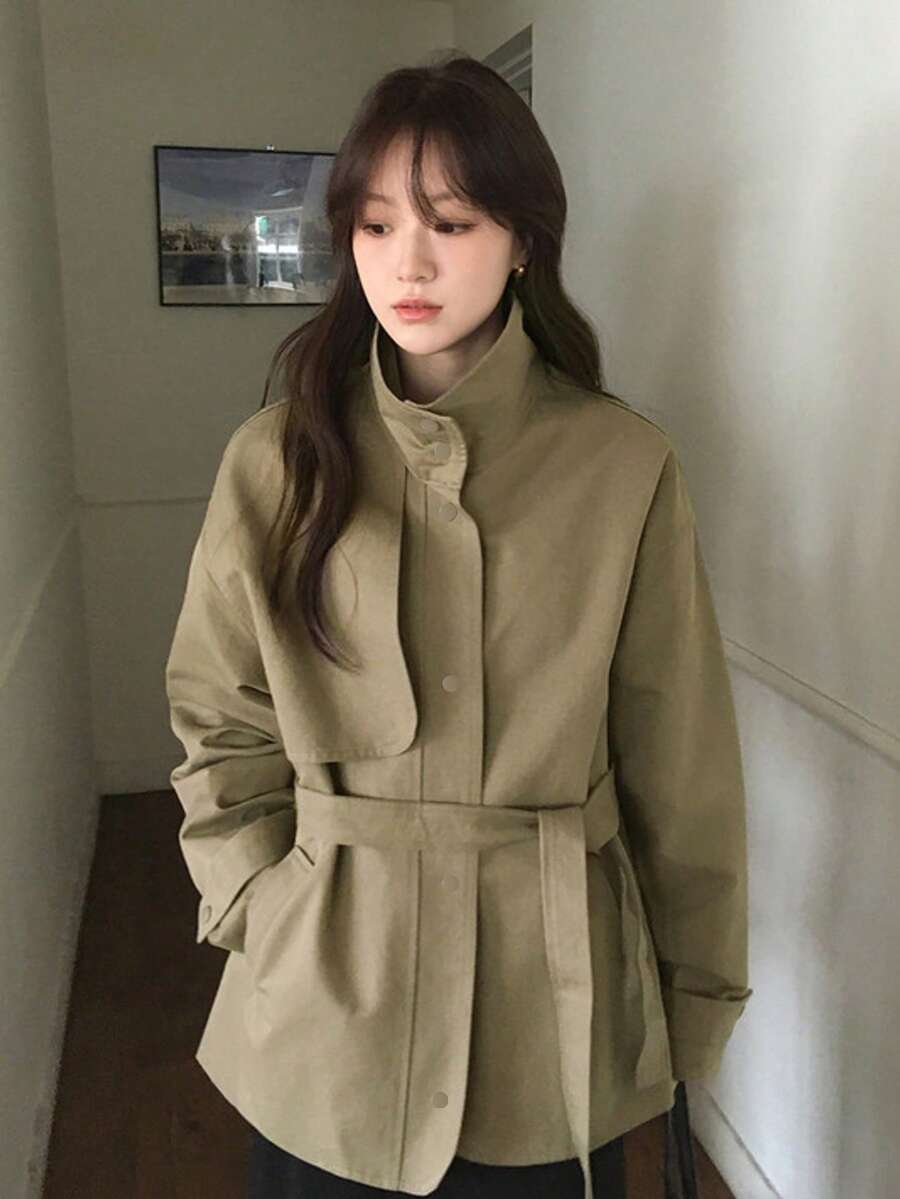 Autumn Casual Stand Collar Belted Trench Coat Jacket - Color - View 1