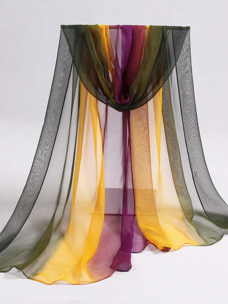 1pc Spring/Autumn Chiffon Gradient Scarf Shawl, Lightweight Versatile Thin Long Rectangular Wrap For Women's Square Dancing - Purple Yellow Green - View 1