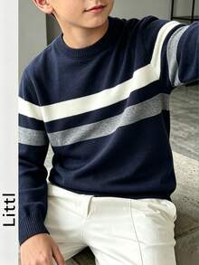 Boys' Colorblock Striped Crew Neck Knit Sweater, Casual Long Sleeve Knit Pullover, Warm Autumn/Winter Top - Navy Blue - View 2