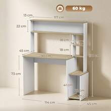 HOMCOM Mesa de Escritorio con Estanterías Mesa de Ordenador Moderna con Estantes Soporte para Monitor CPU de Oficina Estudio 114x45x138 cm Blanco y Natural - A - Ver 6
