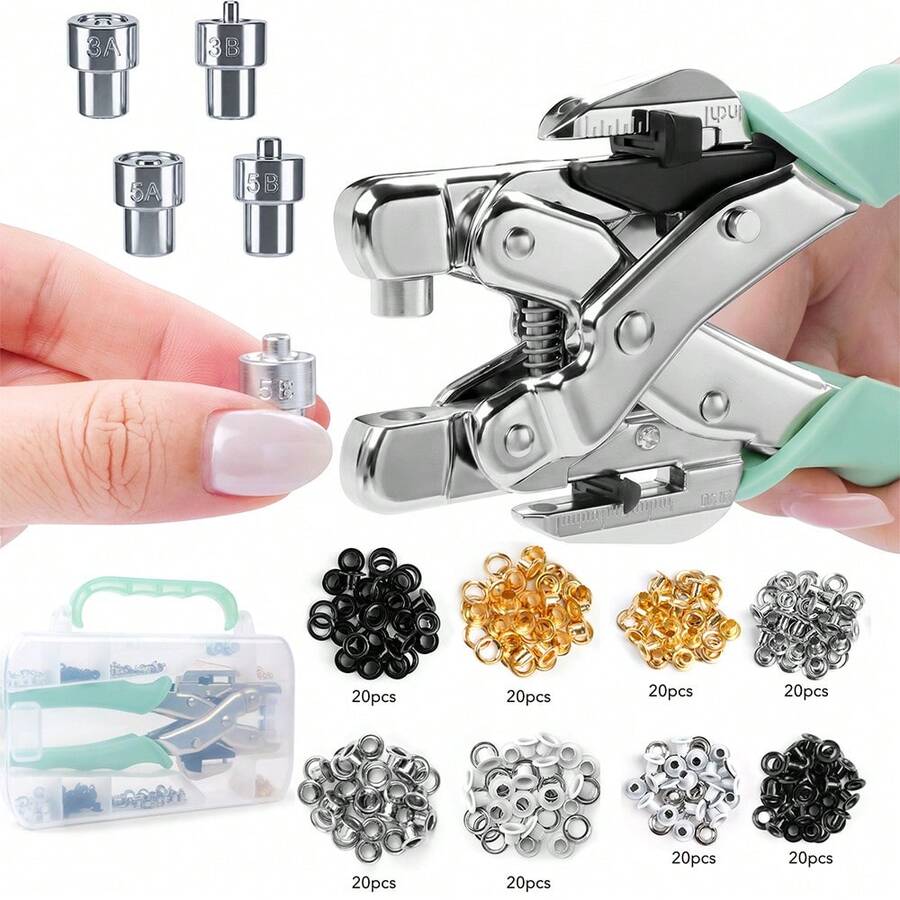 Bộ dụng cụ kìm bấm và lắp khoen mắt cáo 3/16 & 1/8, bao gồm khoen và hộp đựng, phù hợp cho giấy bìa cứng, bìa carton, vải, tấm kim loại mỏng, da, nhựa