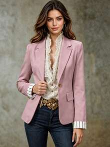 HUTENER Women's Spring Blazer, Elegant Pink Plaid, Featuring Lapel Neck Long Sleeves And Slim Waist.. Fall - Dusty Pink - View 2