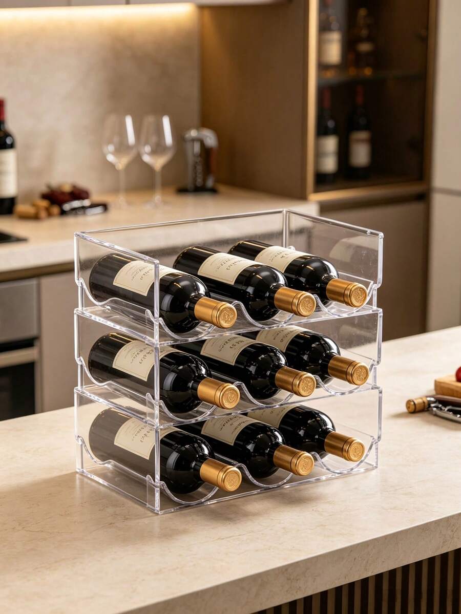 Transparent Red Wine Storage Rack, Stackable In Multiple Layers, With Stable Slot‑Locking Design. Laying Bottles Flat Protects Wine, Keeps Arrangement Neat, Fits Kitchen Countertop, And Enables Easy Access. - Random Color - View 1