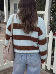 Women Fall Winter Sweater New Style -Basic Tops - CasualFashion Versatile -Colorful StripedContrast CollarLoose Long SleeveKnit Top - Going Out Tops - Multicolor - View 10