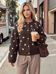 Nicenter Women's Brown Polka Dot Autumn/Winter Wool Blend Crew Neck Front Button Long Sleeve Loose Cardigan Sweater, Comfortable Elegant Daily Layering - Multicolor - View 4