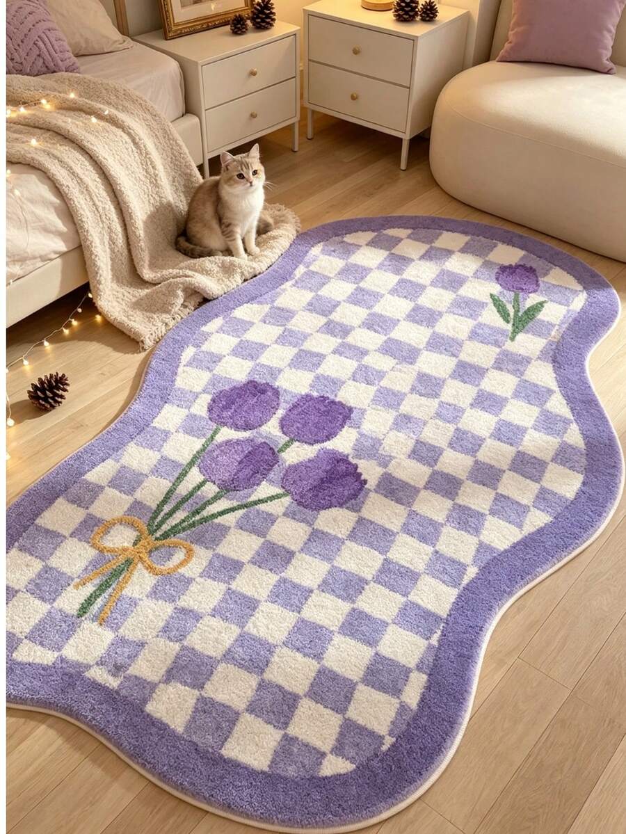 1 pieza Alfombra decorativa a cuadros morados, decoración de dormitorio, alfombra pequeña, alfombra, decoración del hogar, alfombra de sala de estar, alfombra pequeña de sala de estar, alfombra de dormitorio, decoración del hogar de sala de estar, alfombra para exteriores, alfombra lavable, regalo de graduación - Cuadros morados - Ver 1