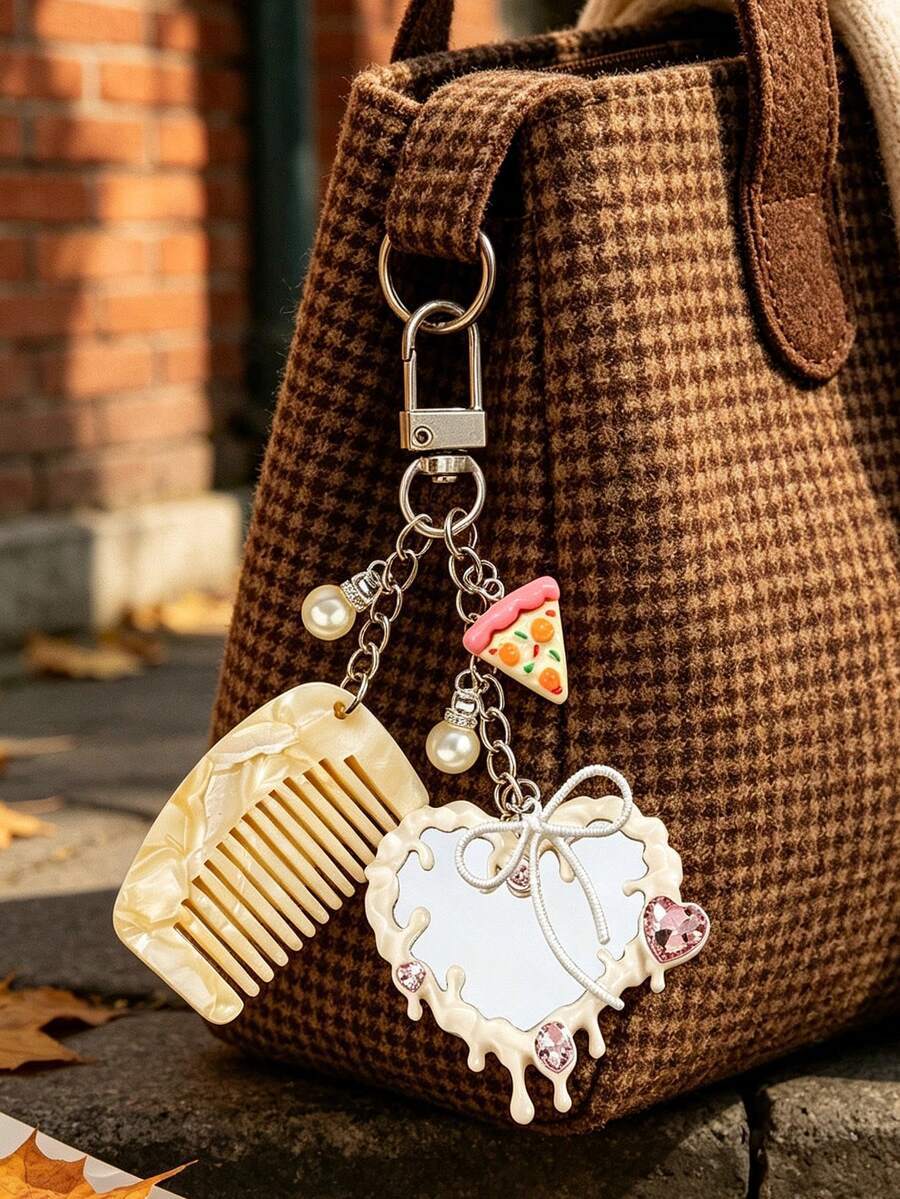 Lovely Keychain Charm Acetate Alloy Hair Comb Design Heart Mirror,For Handbag Crossbody Bag Phone Car Keyring Accessory, For Women Girls Daily - Multicolor - View 1