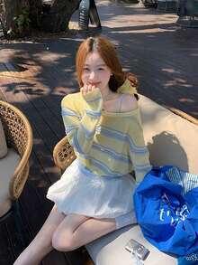 Atmospheric Gentle Korean Style, Bestselling Striped Knit Cover Up, Round Neck Short Hollow Knit Sweater, Spring/Autumn, Loose Collarbone Design Fall - Yellow - View 6