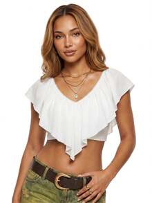 Women's Ruffled V-Neck Crop Top Short Flutter Sleeve Boho Chiffon Blouse - White - View 4