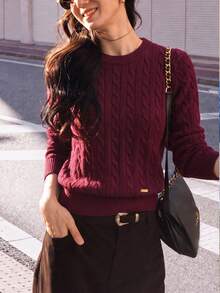 Women's Casual Minimalist Vintage Cable Knit Crew Neck Pullover Sweater, Autumn/Winter - Purplish-red - View 1