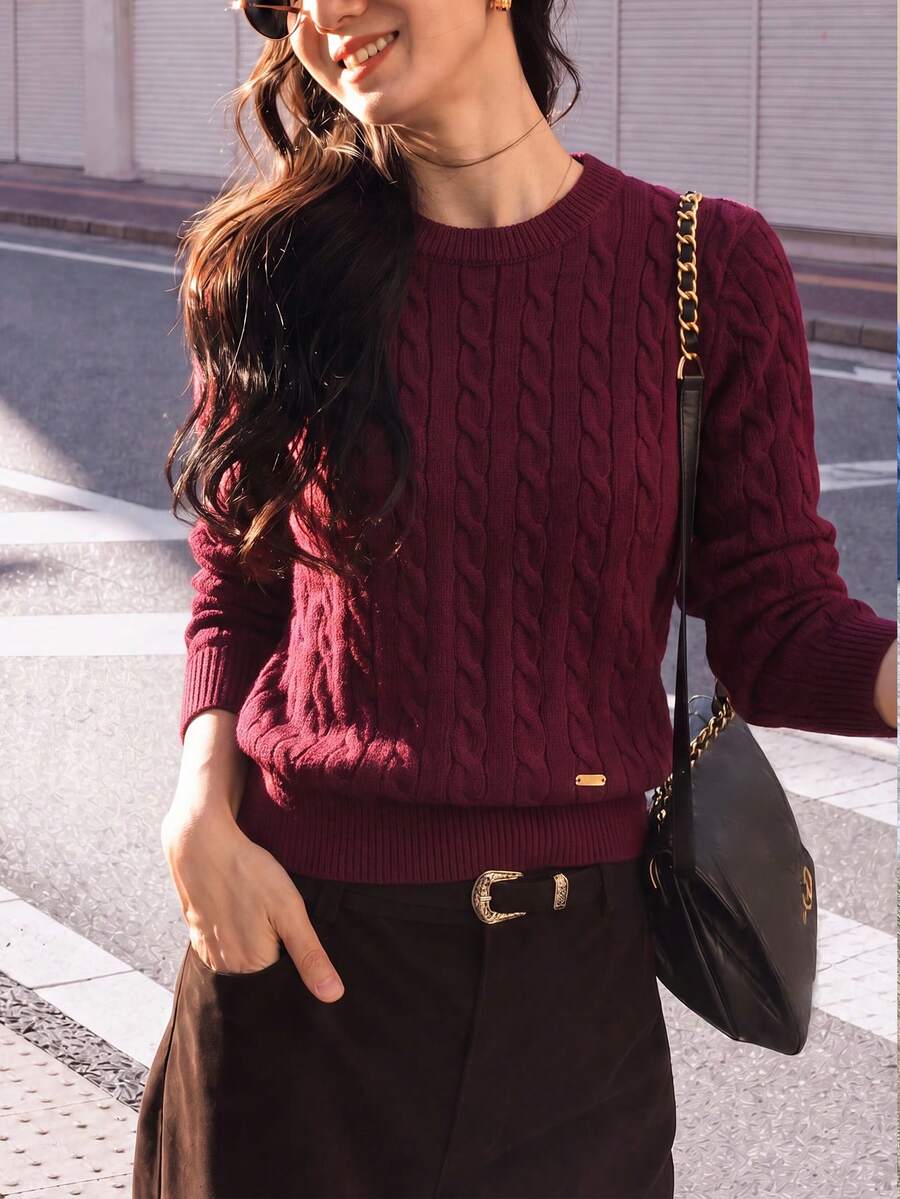 Women's Casual Minimalist Vintage Cable Knit Crew Neck Pullover Sweater, Autumn/Winter - Purplish-red - View 1