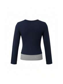 American Vintage Slim Fit Flattering V-Neck Colorblock Patchwork 2 In 1 Long Sleeve T-Shirt - Navy Blue - View 11