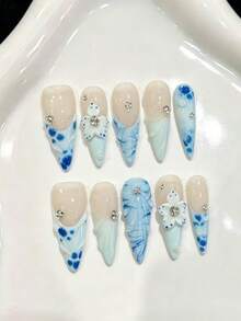 10pcs Long Pointed Handmade Press-On Nails, Blue Transparent Water Ripple Gradient Carved Design, Suitable For Girls And Women For Holiday Parties And Daily Wear, New Arrival - Baby Blue - View 9