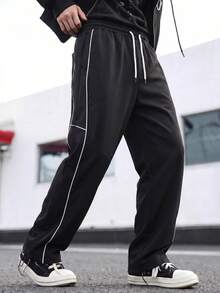 1pc Men's Black Wide Leg Pants, Black Base With White Contrast Line Design, Smooth Drape Fabric, Wrinkle-Resistant And Easy Care, Dual Side Practical Pockets, Machine Washable, Sporty Casual, American Street Style, Versatile Daily Commute Wide Leg Pants - Black - View 4