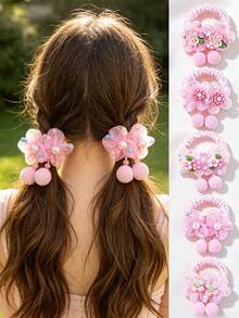 4pcs Girls Pink Flower Pom Pom Pendant Cute Hair Ties Suitable For Daily Use - Multicolor - View 1