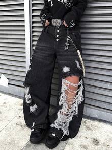 Infinite Jeans 1pc American Street Fashion Men's Patchwork Double Waistband Multi-Button Distressed Ripped Denim Jeans Loose Comfortable Wide Leg Pants All Season Versatile Denim Long Pants (Product Does Not Include Belt And Accessories) - Black - View 6