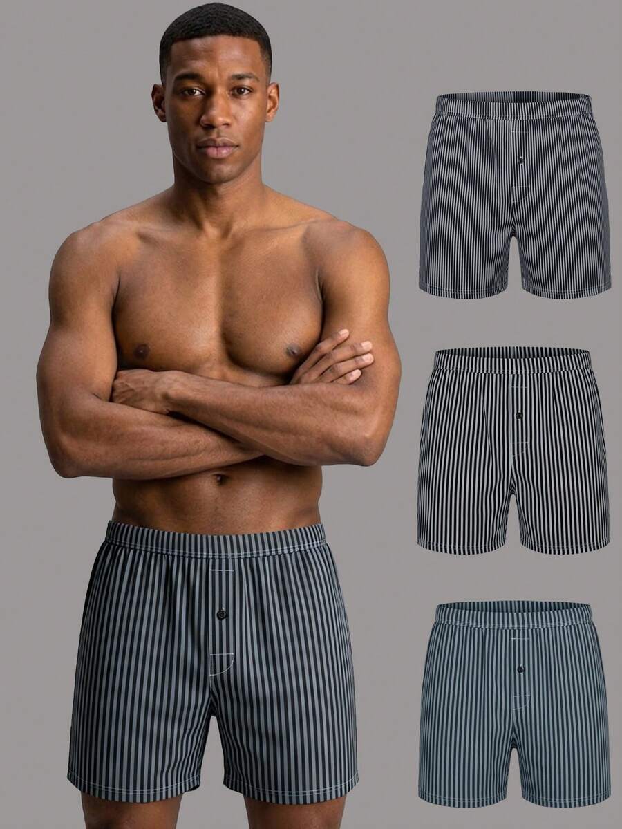 3pcs Men's Underwear, Polyester Fabric, Long Leg Style, Button Fly, Suitable For Daily Wear And Vacation