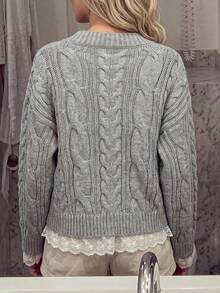 Cable Knit V-Neck Sweater With Lace Trim - Comfortable Loose Pullover For Autumn, Suitable For Casual Daily And Campus Style Fall - Grey - View 4
